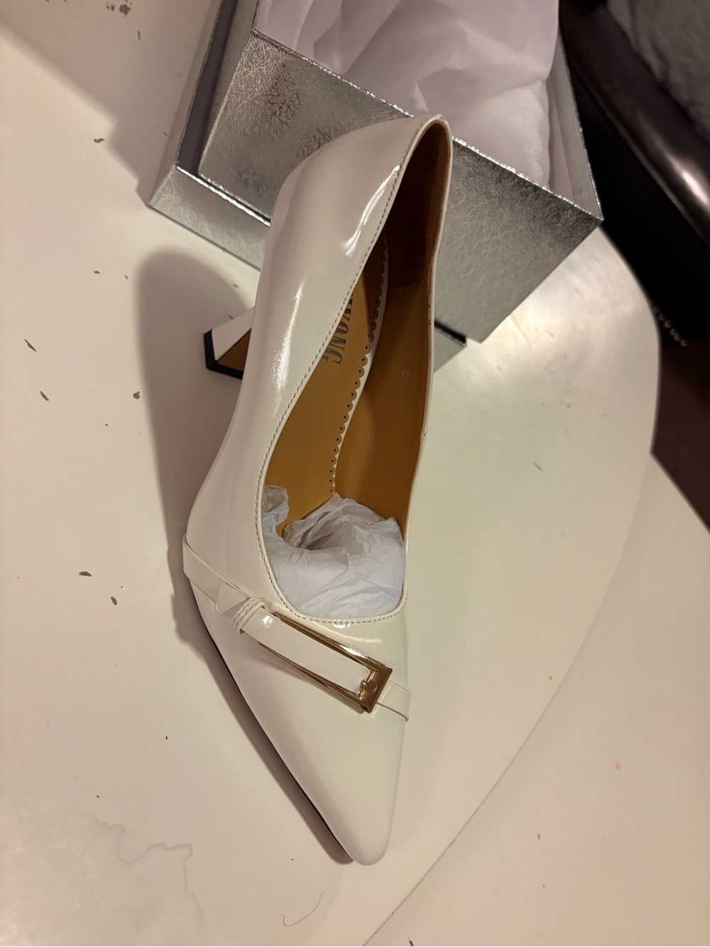 White Patent Pointed-Toe Low Heel Pump with Gold Accent